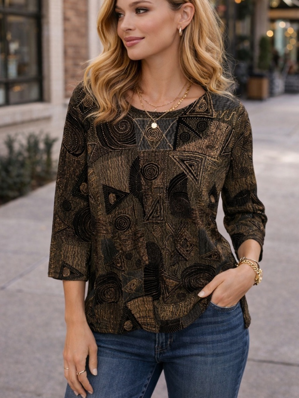 JM Collection Gold & Black Tribal Blouse | 1X Boho Aztec Metallic Top